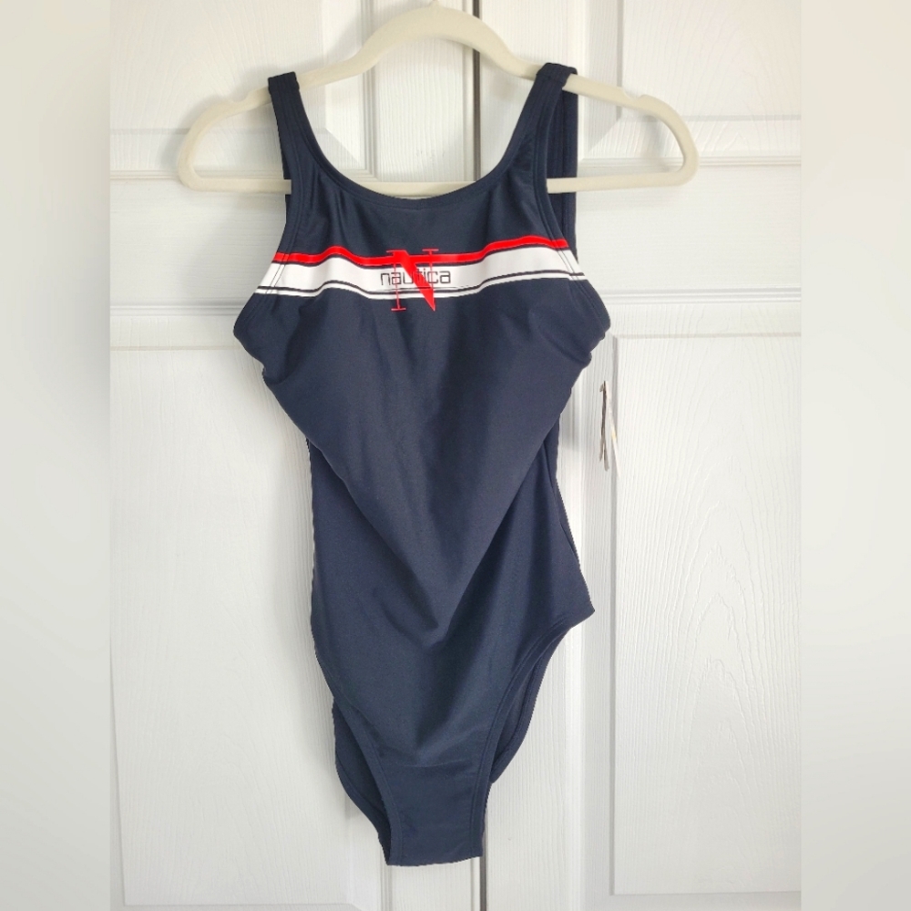 Nautica Dark Black One-Piece Swimsuit with Red and White Stripes